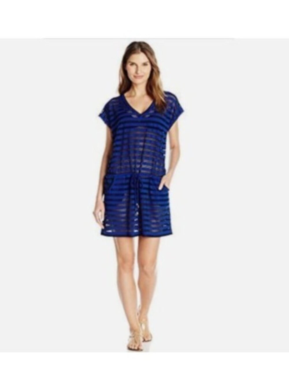 Calvin Klein Womens Blue Mesh swim Cover-Up Dress Drawstring Pockets size large